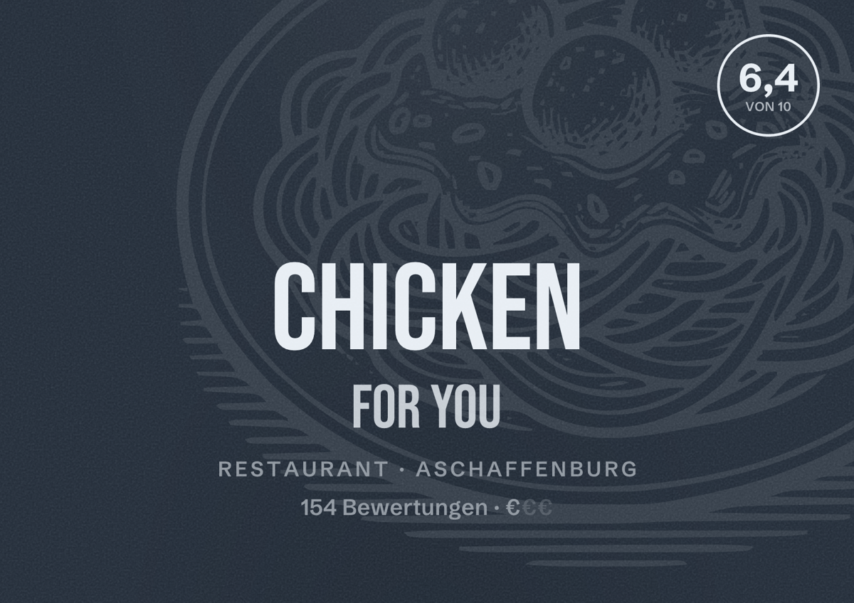 Illustriertes Poster von Chicken for you, Restaurant in Aschaffenburg: Bewertung 6,4 von 10 aus 154 Bewertungen, Preisniveau €