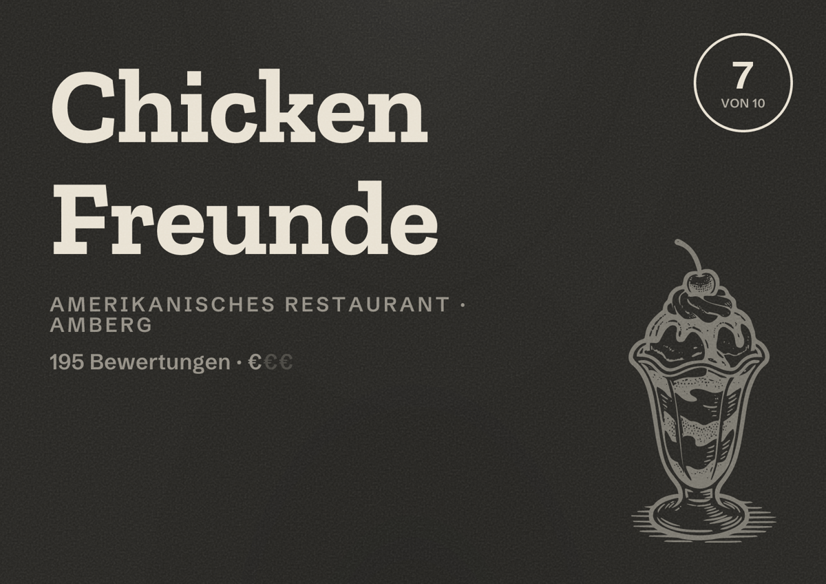 Illustriertes Poster von Chicken Freunde, Amerikanisches Restaurant in Amberg: Bewertung 7 von 10 aus 195 Bewertungen, Preisniveau €
