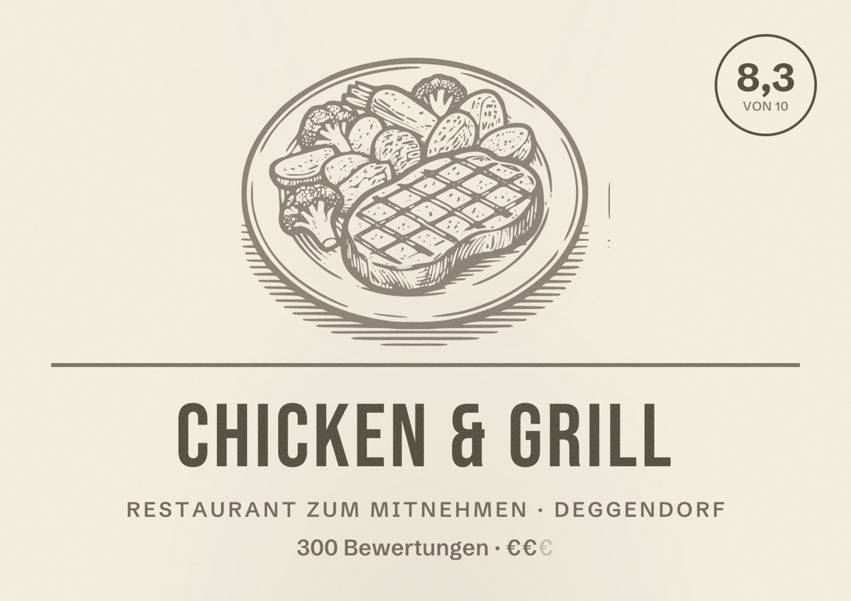Illustriertes Poster von Chicken & Grill, Restaurant zum Mitnehmen in Deggendorf: Bewertung 8,3 von 10 aus 300 Bewertungen, Preisniveau €€