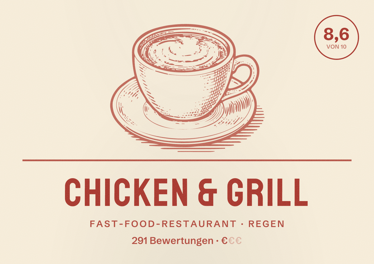 Illustriertes Poster von Chicken & Grill, Fast-Food-Restaurant in Regen: Bewertung 8,6 von 10 aus 291 Bewertungen, Preisniveau €