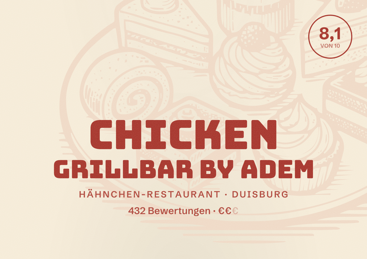Illustriertes Poster von Chicken Grillbar by Adem, Hähnchen-Restaurant in Duisburg: Bewertung 8,1 von 10 aus 432 Bewertungen, Preisniveau €€