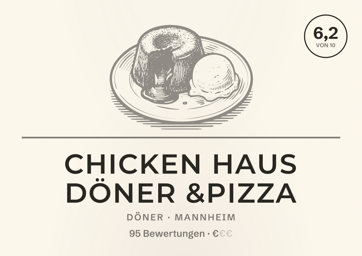 Illustriertes Poster von Chicken Haus Döner &Pizza, Döner in Mannheim: Bewertung 6,2 von 10 aus 95 Bewertungen, Preisniveau €