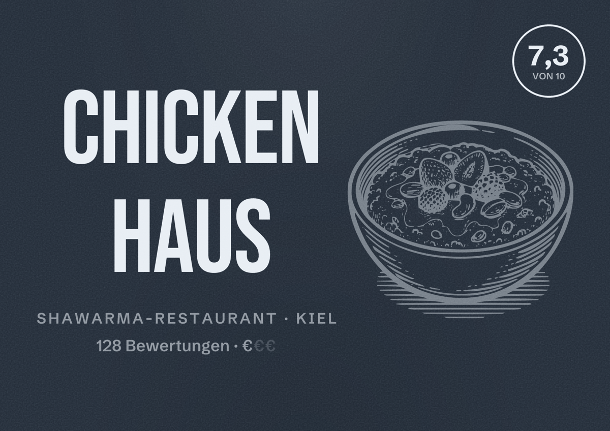 Illustriertes Poster von CHICKEN HAUS, Shawarma-Restaurant in Kiel: Bewertung 7,3 von 10 aus 128 Bewertungen, Preisniveau €