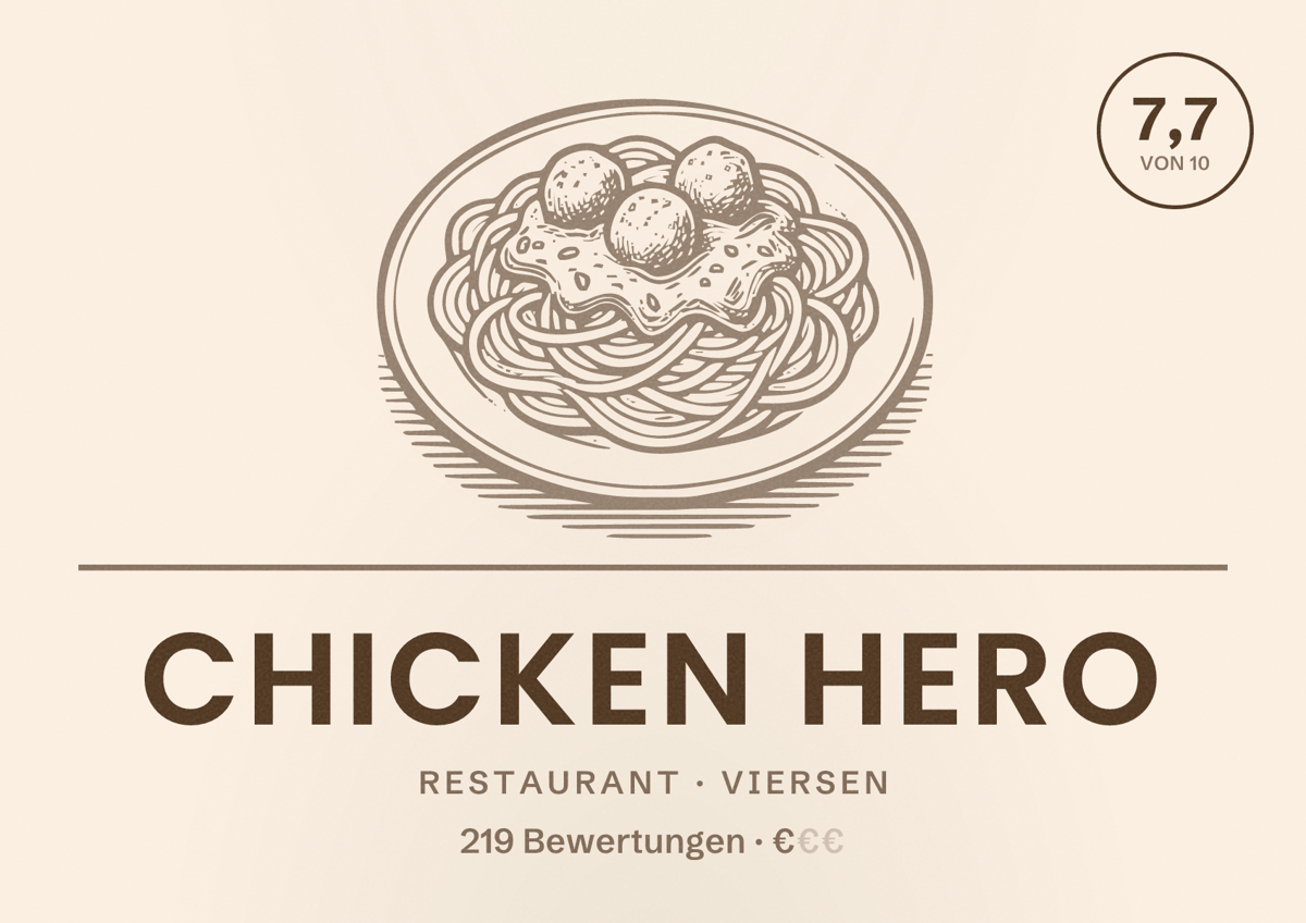 Illustriertes Poster von Chicken Hero, Restaurant in Viersen: Bewertung 7,7 von 10 aus 219 Bewertungen, Preisniveau €