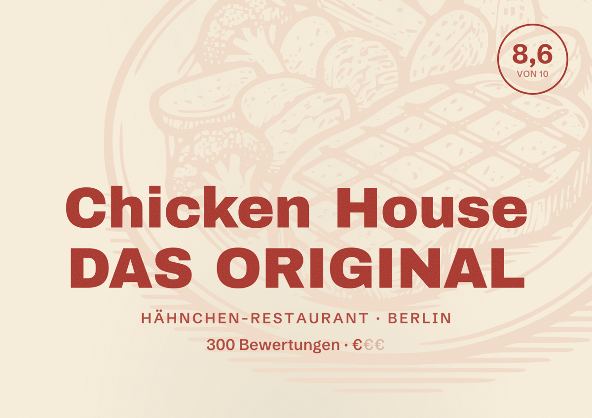Illustriertes Poster von Chicken House DAS ORIGINAL, Hähnchen-Restaurant in Berlin: Bewertung 8,6 von 10 aus 300 Bewertungen, Preisniveau €