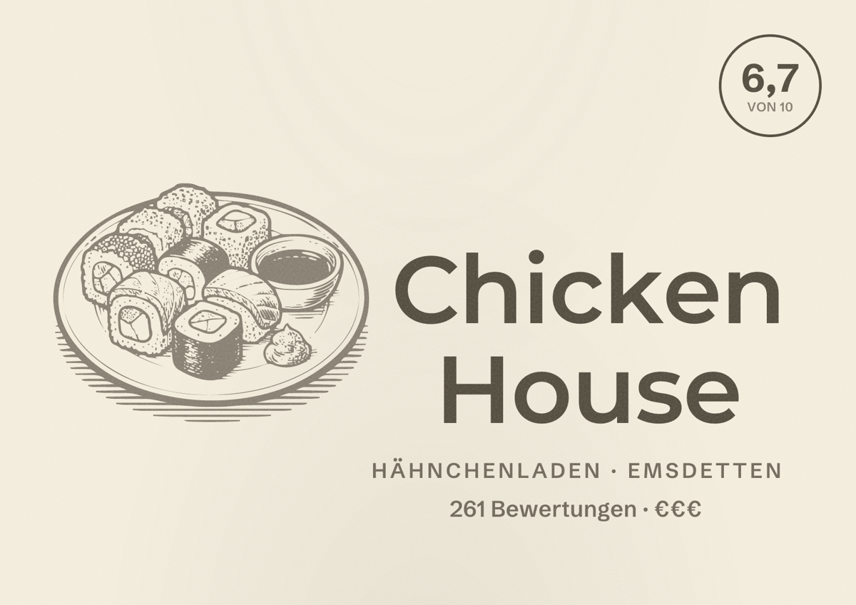 Illustriertes Poster von Chicken House, Hähnchenladen in Emsdetten: Bewertung 6,7 von 10 aus 261 Bewertungen, Preisniveau €€€