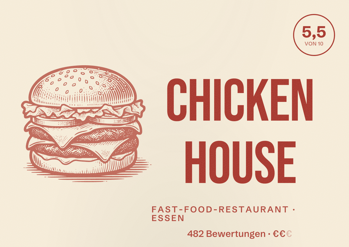 Illustriertes Poster von Chicken House, Fast-Food-Restaurant in Essen: Bewertung 5,5 von 10 aus 482 Bewertungen, Preisniveau €€