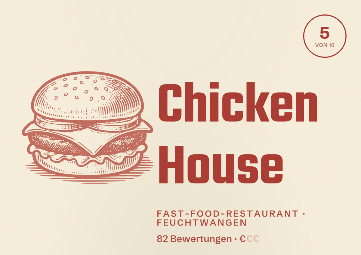 Illustriertes Poster von Chicken House, Fast-Food-Restaurant in Feuchtwangen: Bewertung 5 von 10 aus 82 Bewertungen, Preisniveau €