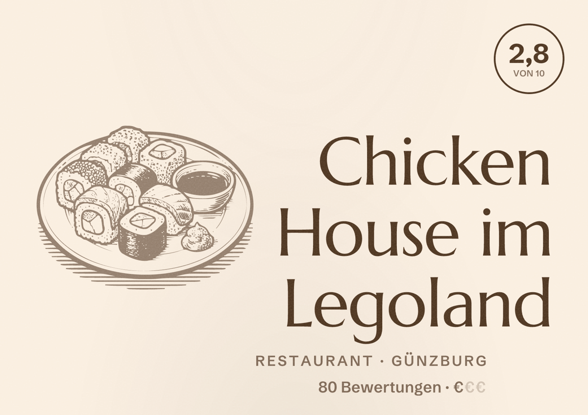 Illustriertes Poster von Chicken House im Legoland, Restaurant in Günzburg: Bewertung 2,8 von 10 aus 80 Bewertungen, Preisniveau €