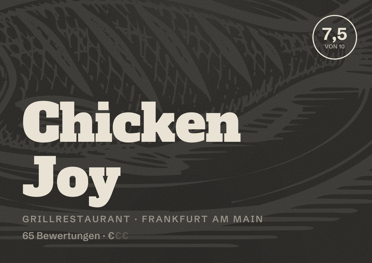 Illustriertes Poster von Chicken Joy, Grillrestaurant in Frankfurt am Main: Bewertung 7,5 von 10 aus 65 Bewertungen, Preisniveau €