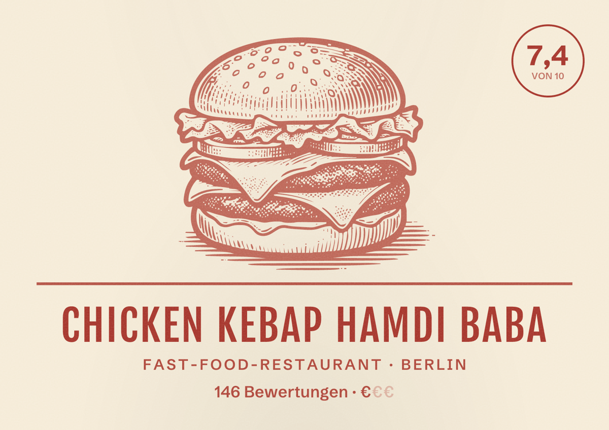 Illustriertes Poster von Chicken Kebap Hamdi Baba, Fast-Food-Restaurant in Berlin: Bewertung 7,4 von 10 aus 146 Bewertungen, Preisniveau €