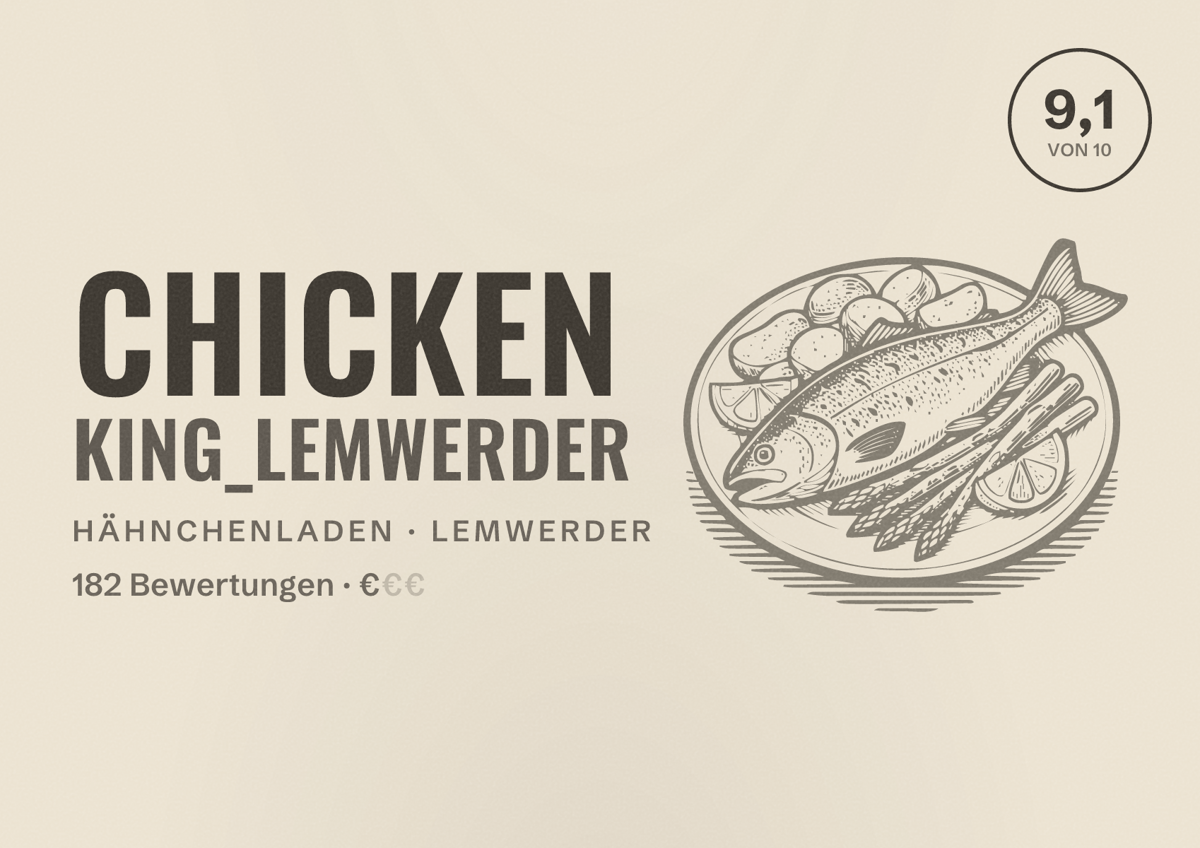 Illustriertes Poster von Chicken King_Lemwerder, Hähnchenladen in Lemwerder: Bewertung 9,1 von 10 aus 182 Bewertungen, Preisniveau €