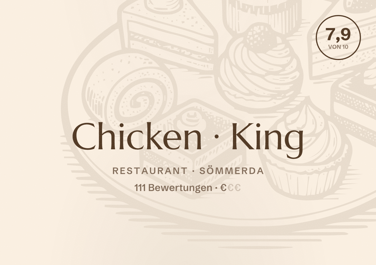 Illustriertes Poster von Chicken King, Restaurant in Sömmerda: Bewertung 7,9 von 10 aus 111 Bewertungen, Preisniveau €