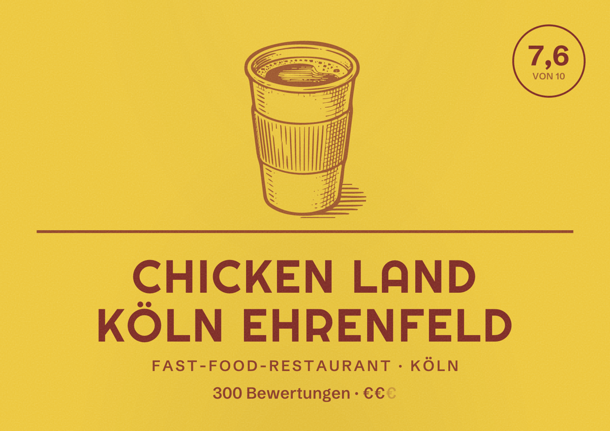 Illustriertes Poster von Chicken Land Köln Ehrenfeld, Fast-Food-Restaurant in Köln: Bewertung 7,6 von 10 aus 300 Bewertungen, Preisniveau €€