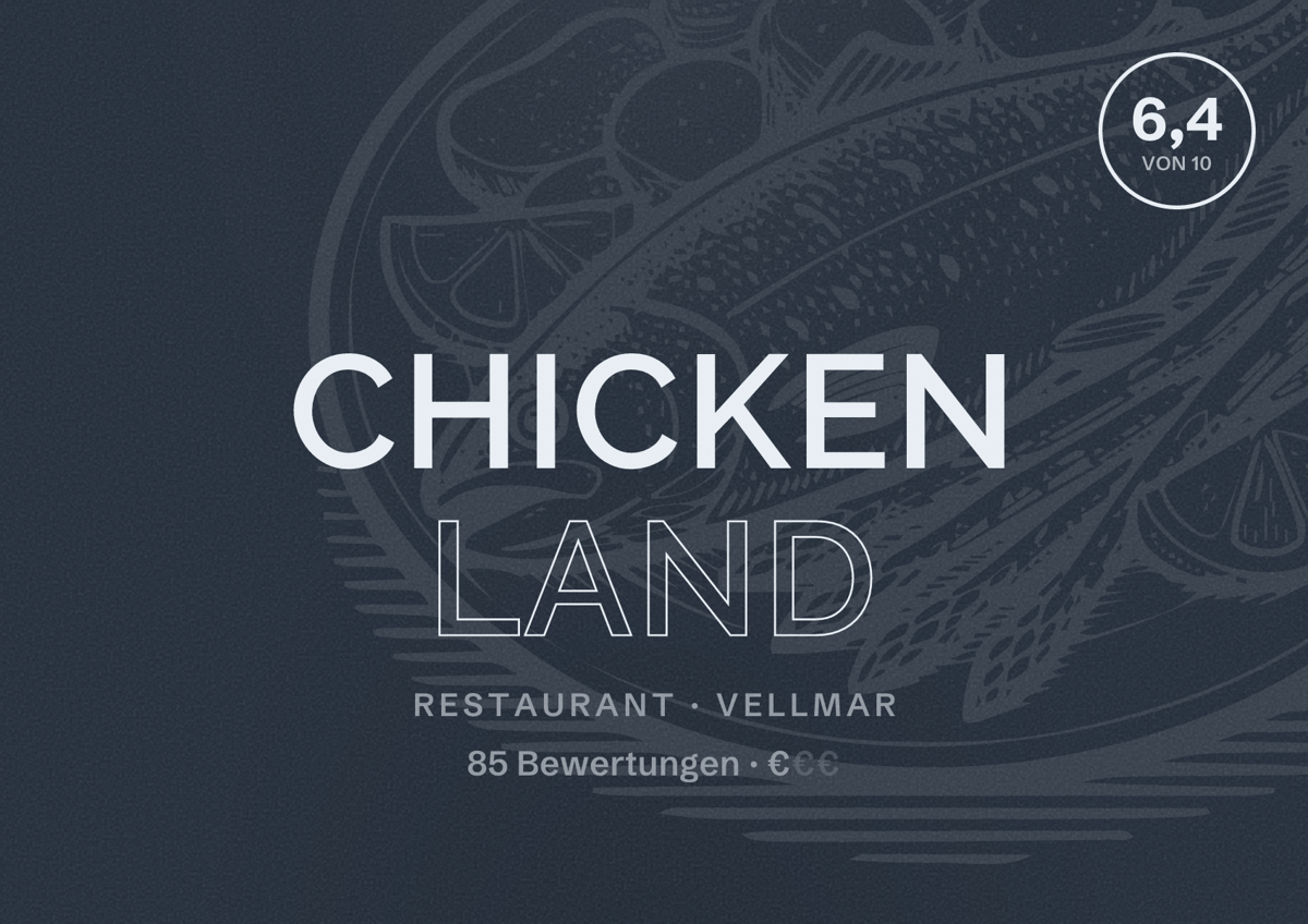 Illustriertes Poster von Chicken Land, Restaurant in Vellmar: Bewertung 6,4 von 10 aus 85 Bewertungen, Preisniveau €