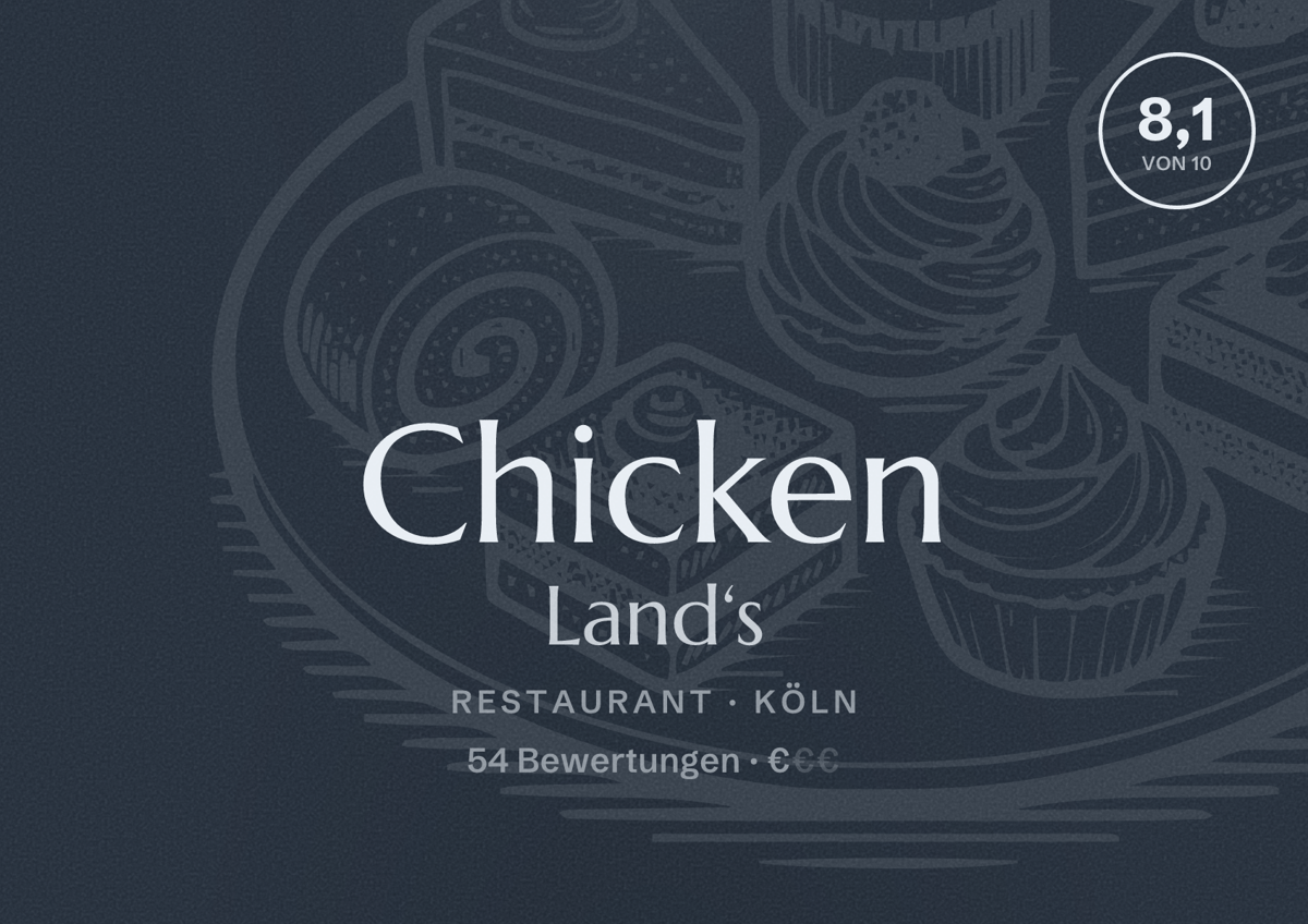 Illustriertes Poster von Chicken Land‘s, Restaurant in Köln: Bewertung 8,1 von 10 aus 54 Bewertungen, Preisniveau €