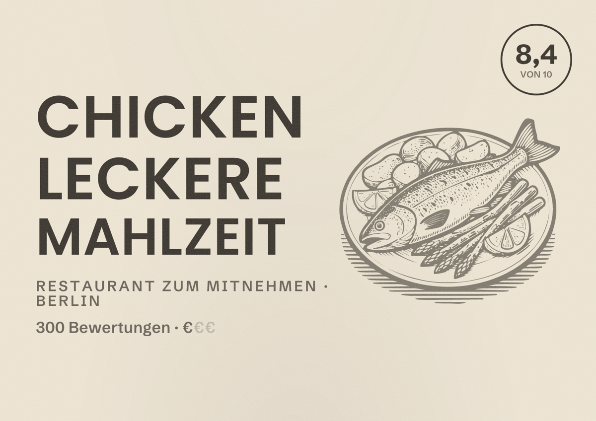 Illustriertes Poster von Chicken Leckere Mahlzeit, Restaurant zum Mitnehmen in Berlin: Bewertung 8,4 von 10 aus 300 Bewertungen, Preisniveau €