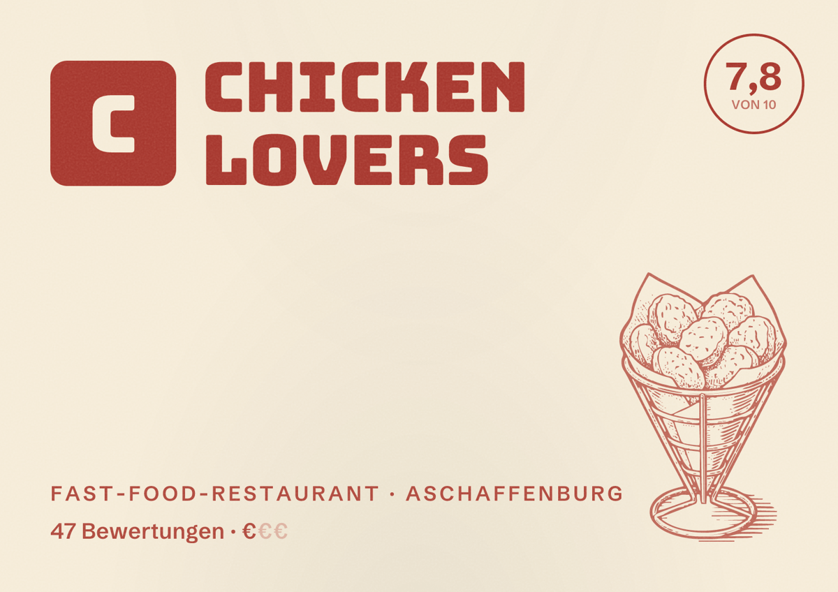 Illustriertes Poster von Chicken Lovers, Fast-Food-Restaurant in Aschaffenburg: Bewertung 7,8 von 10 aus 47 Bewertungen, Preisniveau €