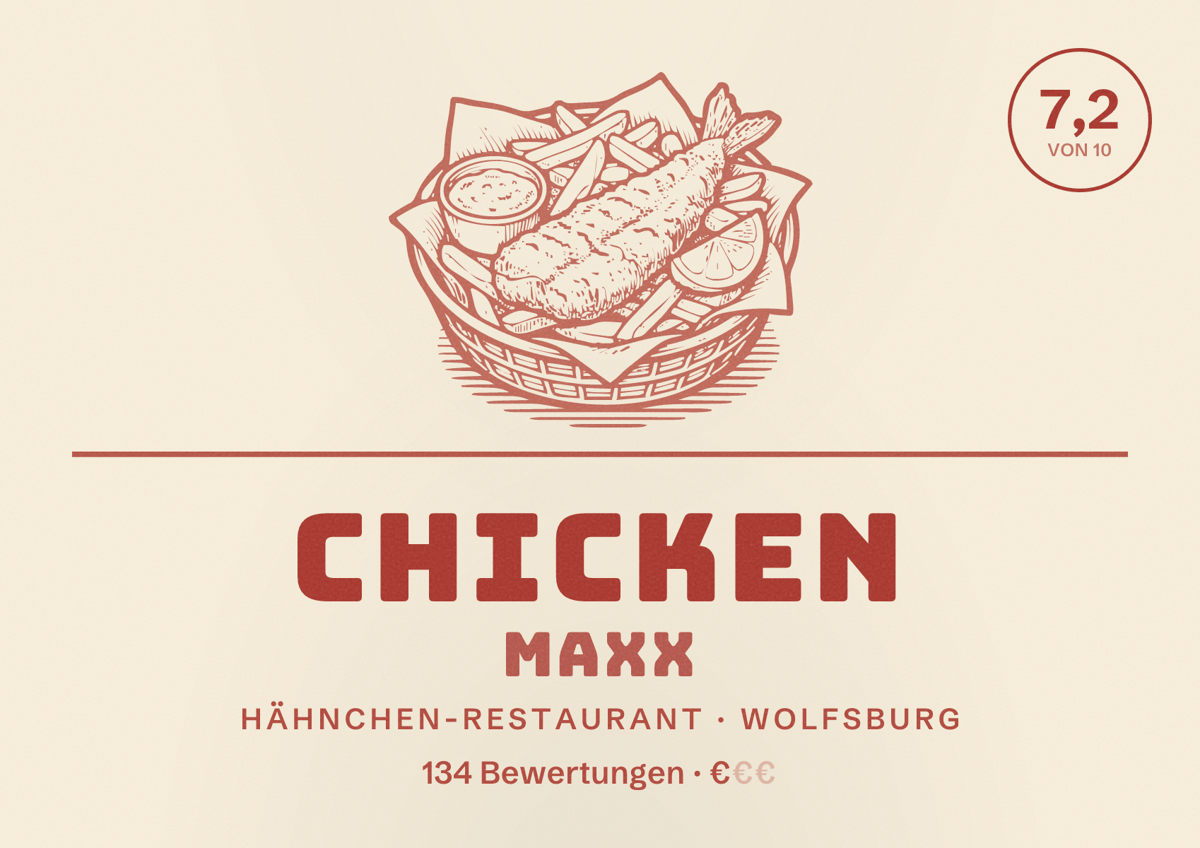 Illustriertes Poster von Chicken Maxx, Hähnchen-Restaurant in Wolfsburg: Bewertung 7,2 von 10 aus 134 Bewertungen, Preisniveau €