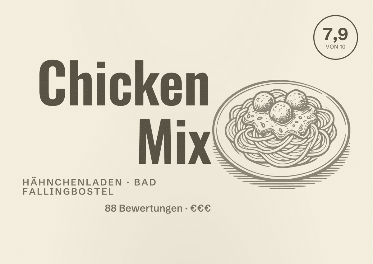 Illustriertes Poster von Chicken Mix, Hähnchenladen in Bad Fallingbostel: Bewertung 7,9 von 10 aus 88 Bewertungen, Preisniveau €€€