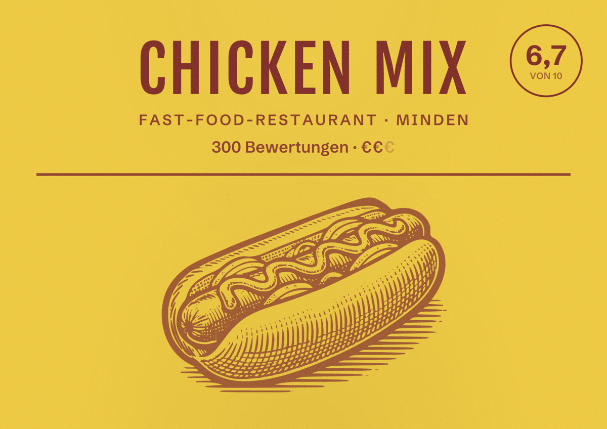 Illustriertes Poster von Chicken Mix, Fast-Food-Restaurant in Minden: Bewertung 6,7 von 10 aus 300 Bewertungen, Preisniveau €€