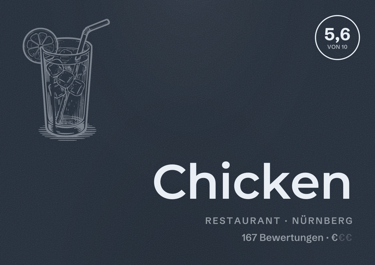 Illustriertes Poster von Chicken, Restaurant in Nürnberg: Bewertung 5,6 von 10 aus 167 Bewertungen, Preisniveau €