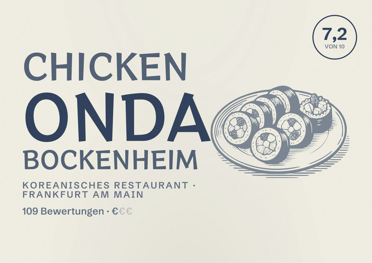 Illustriertes Poster von Chicken ONDA Bockenheim, Koreanisches Restaurant in Frankfurt am Main: Bewertung 7,2 von 10 aus 109 Bewertungen, Preisniveau €
