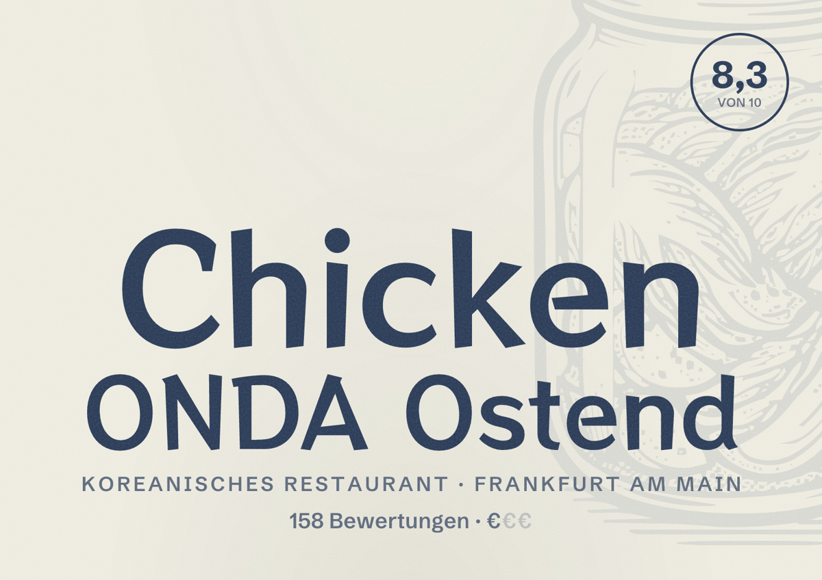 Illustriertes Poster von Chicken ONDA Ostend, Koreanisches Restaurant in Frankfurt am Main: Bewertung 8,3 von 10 aus 158 Bewertungen, Preisniveau €