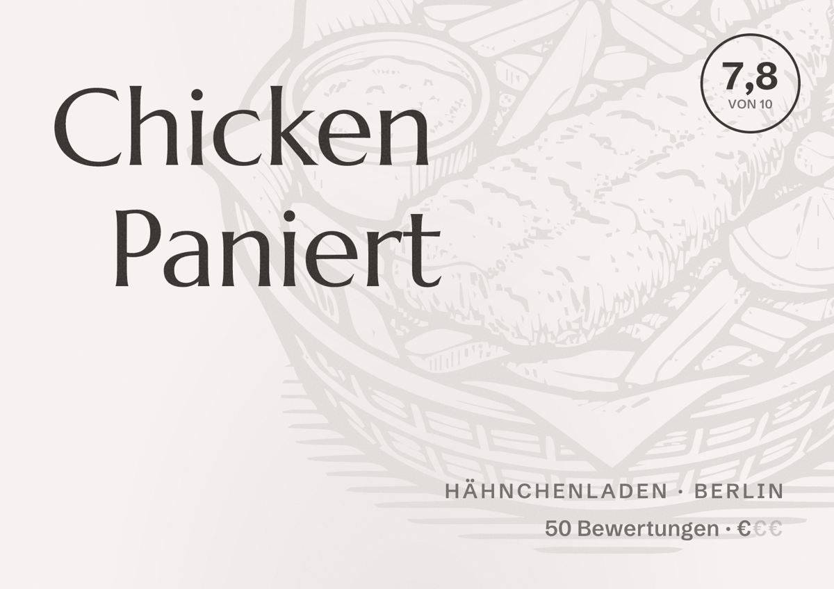Illustriertes Poster von Chicken Paniert, Hähnchenladen in Berlin: Bewertung 7,8 von 10 aus 50 Bewertungen, Preisniveau €