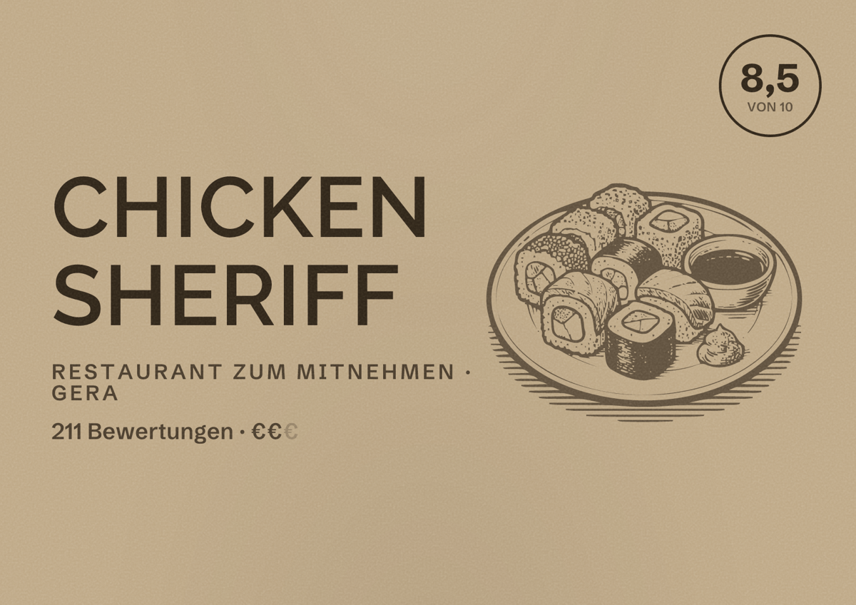 Illustriertes Poster von Chicken Sheriff, Restaurant zum Mitnehmen in Gera: Bewertung 8,5 von 10 aus 211 Bewertungen, Preisniveau €€