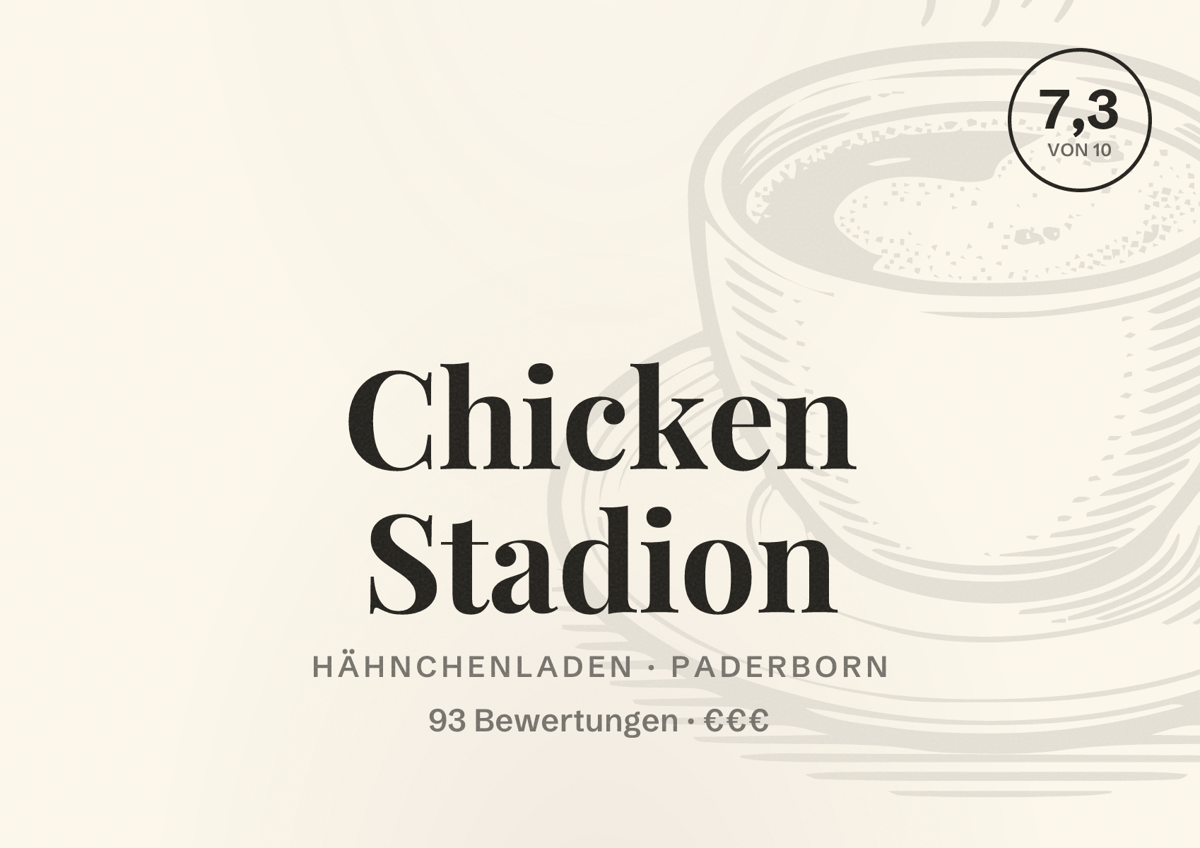 Illustriertes Poster von Chicken Stadion, Hähnchenladen in Paderborn: Bewertung 7,3 von 10 aus 93 Bewertungen, Preisniveau €€€