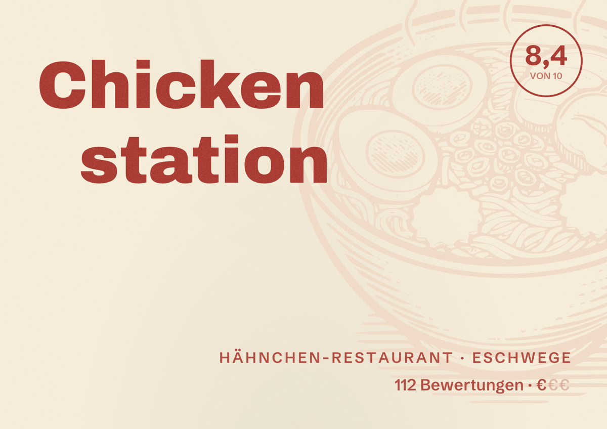 Illustriertes Poster von Chicken station, Hähnchen-Restaurant in Eschwege: Bewertung 8,4 von 10 aus 112 Bewertungen, Preisniveau €