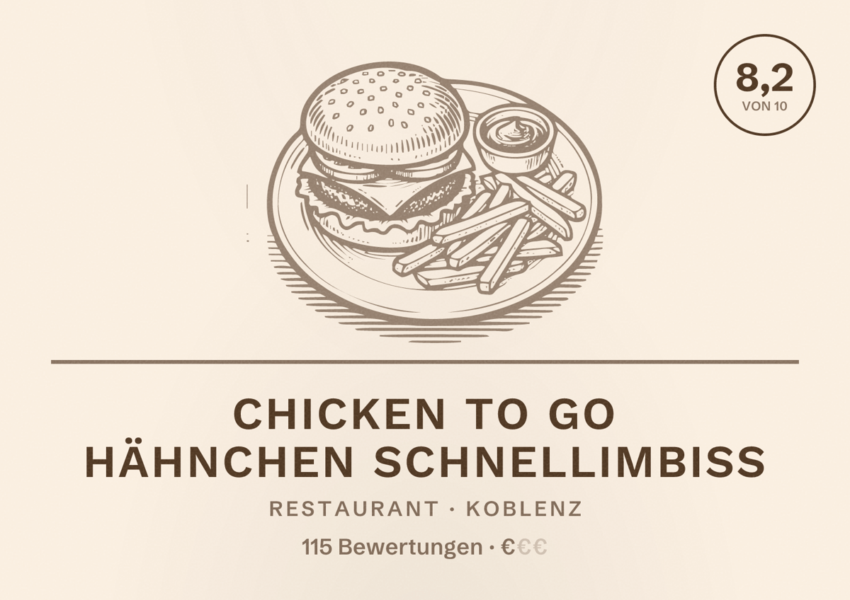 Illustriertes Poster von Chicken to go Hähnchen Schnellimbiss, Restaurant in Koblenz: Bewertung 8,2 von 10 aus 115 Bewertungen, Preisniveau €