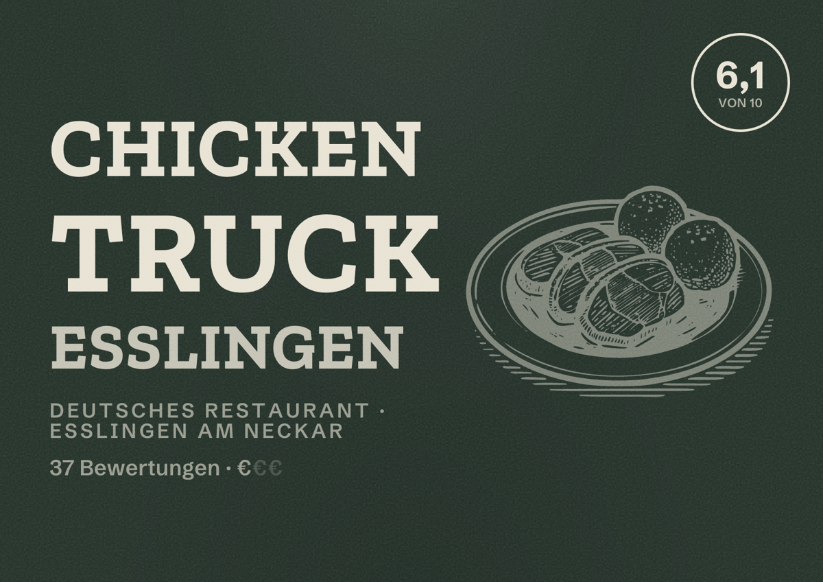 Illustriertes Poster von Chicken Truck Esslingen, Deutsches Restaurant in Esslingen am Neckar: Bewertung 6,1 von 10 aus 37 Bewertungen, Preisniveau €