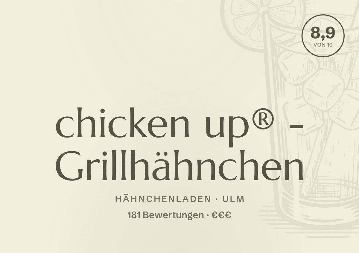 Illustriertes Poster von chicken up® - Grillhähnchen, Hähnchenladen in Ulm: Bewertung 8,9 von 10 aus 181 Bewertungen, Preisniveau €€€