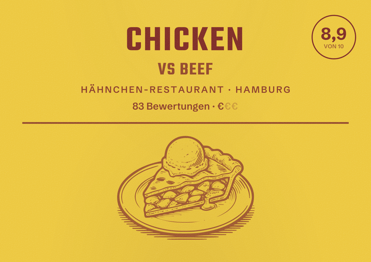 Illustriertes Poster von Chicken vs Beef, Hähnchen-Restaurant in Hamburg: Bewertung 8,9 von 10 aus 83 Bewertungen, Preisniveau €