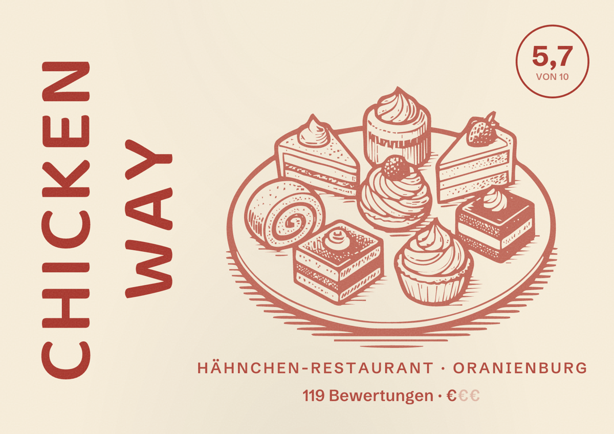 Illustriertes Poster von Chicken Way, Hähnchen-Restaurant in Oranienburg: Bewertung 5,7 von 10 aus 119 Bewertungen, Preisniveau €