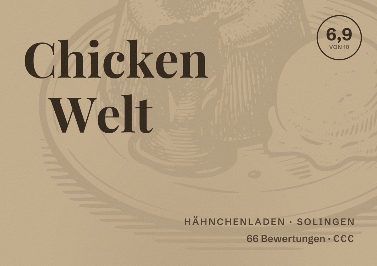 Illustriertes Poster von Chicken Welt, Hähnchenladen in Solingen: Bewertung 6,9 von 10 aus 66 Bewertungen, Preisniveau €€€