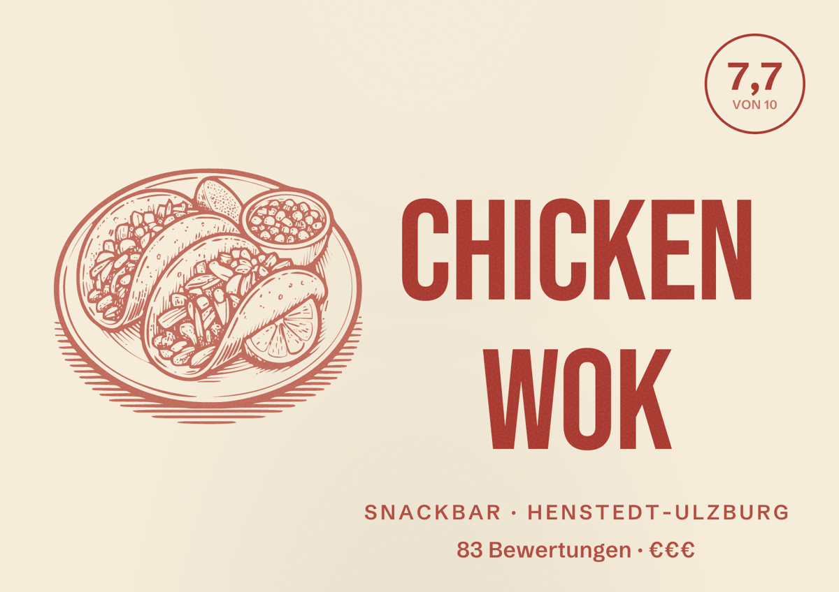 Illustriertes Poster von Chicken Wok, Snackbar in Henstedt-Ulzburg: Bewertung 7,7 von 10 aus 83 Bewertungen, Preisniveau €€€