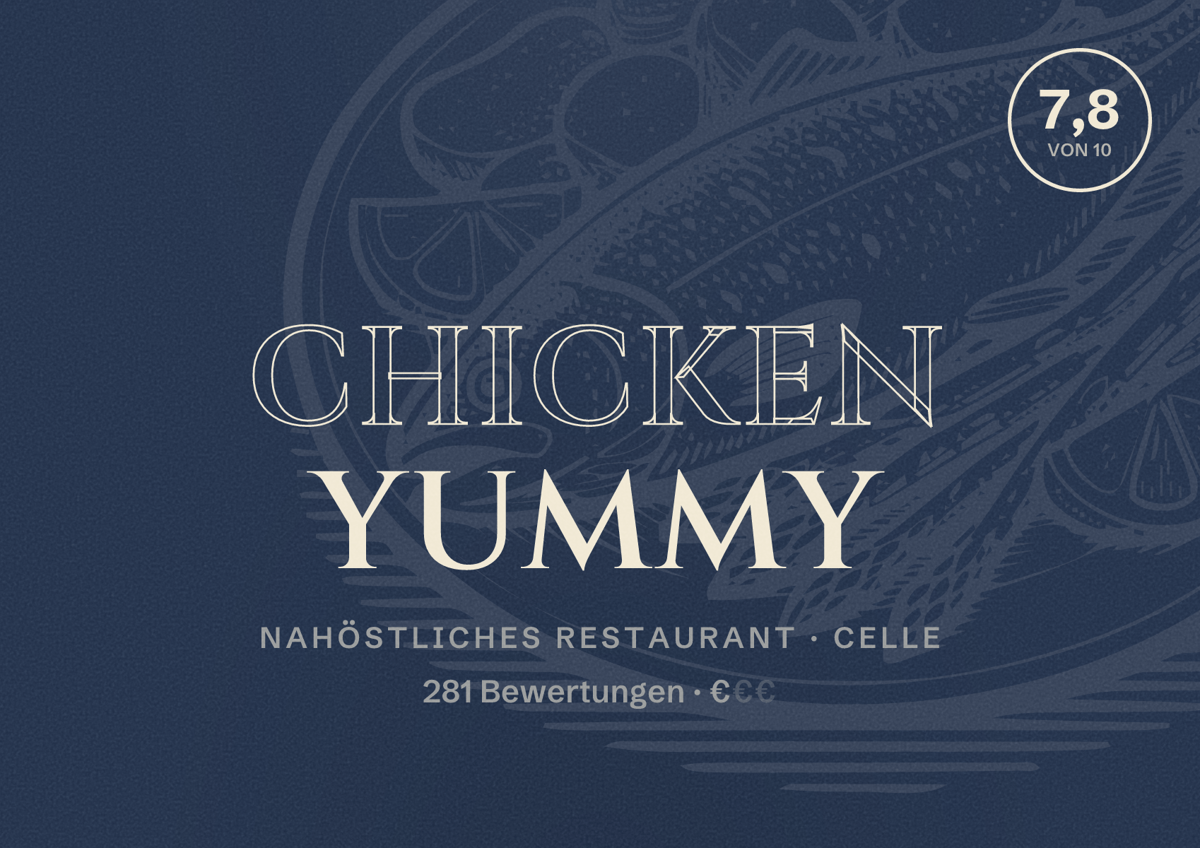 Illustriertes Poster von Chicken Yummy, Nahöstliches Restaurant in Celle: Bewertung 7,8 von 10 aus 281 Bewertungen, Preisniveau €