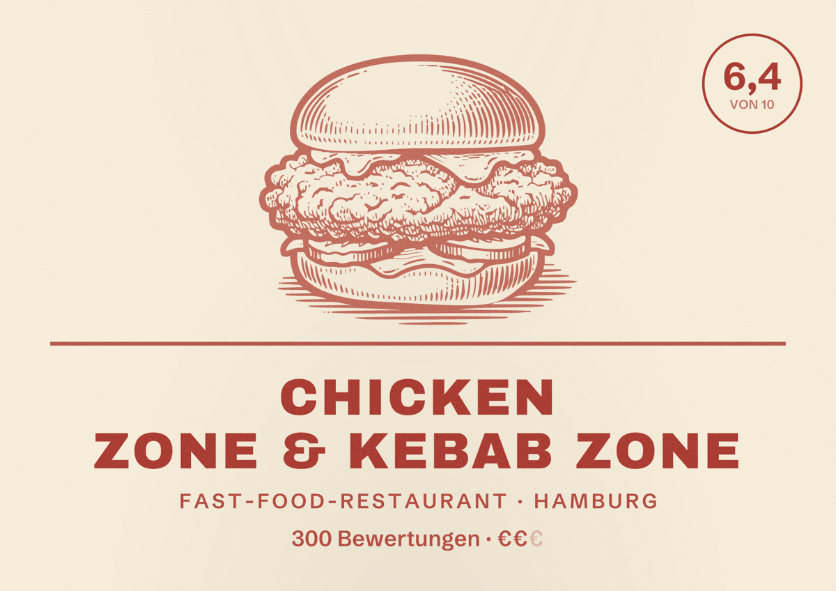 Illustriertes Poster von CHICKEN ZONE & KEBAB ZONE, Fast-Food-Restaurant in Hamburg: Bewertung 6,4 von 10 aus 300 Bewertungen, Preisniveau €€