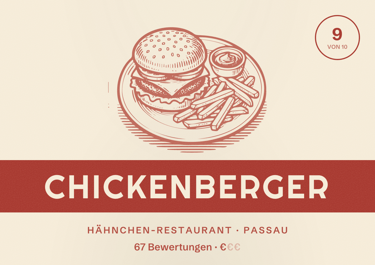 Illustriertes Poster von Chickenberger, Hähnchen-Restaurant in Passau: Bewertung 9 von 10 aus 67 Bewertungen, Preisniveau €