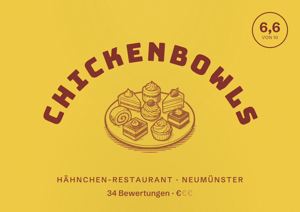 Illustriertes Poster von Chickenbowls, Hähnchen-Restaurant in Neumünster: Bewertung 6,6 von 10 aus 34 Bewertungen, Preisniveau €