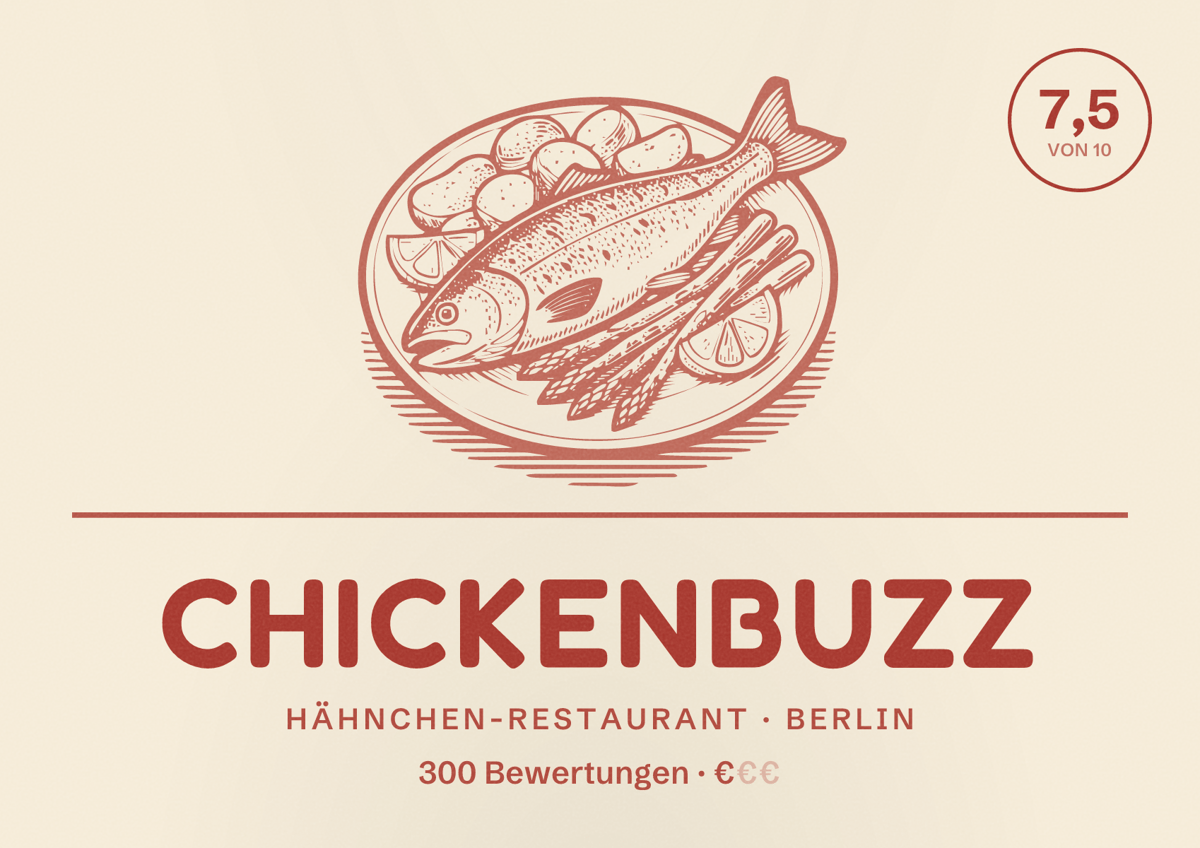 Illustriertes Poster von ChickenBuzz, Hähnchen-Restaurant in Berlin: Bewertung 7,5 von 10 aus 300 Bewertungen, Preisniveau €