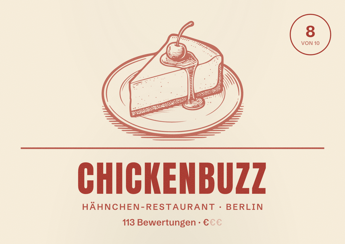 Illustriertes Poster von ChickenBuzz, Hähnchen-Restaurant in Berlin: Bewertung 8,0 von 10 aus 113 Bewertungen, Preisniveau €