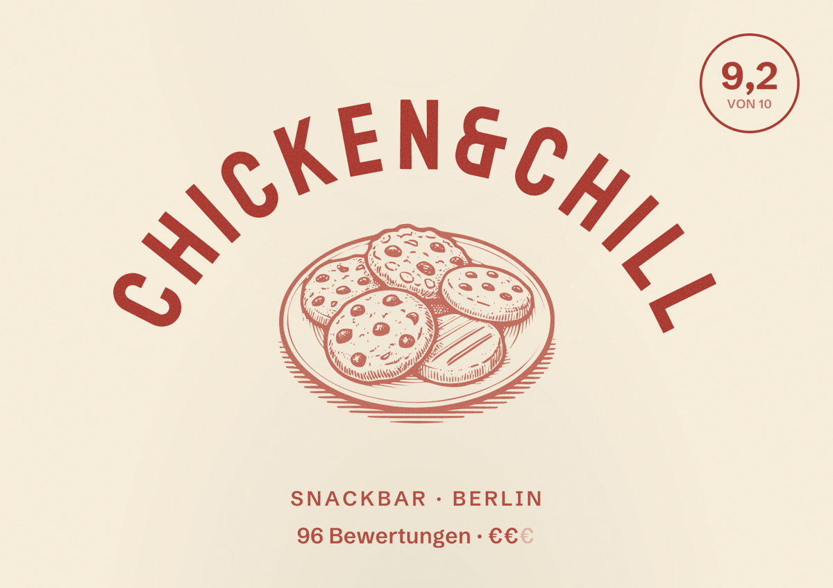 Illustriertes Poster von Chicken&Chill, Snackbar in Berlin: Bewertung 9,2 von 10 aus 96 Bewertungen, Preisniveau €€
