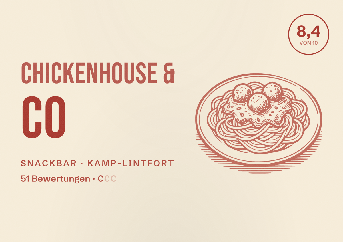 Illustriertes Poster von Chickenhouse & Co, Snackbar in Kamp-Lintfort: Bewertung 8,4 von 10 aus 51 Bewertungen, Preisniveau €