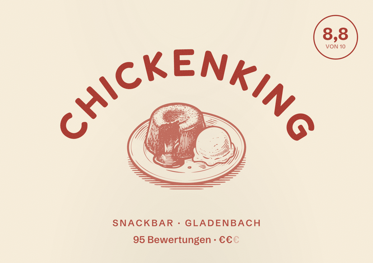 Illustriertes Poster von ChickenKing, Snackbar in Gladenbach: Bewertung 8,8 von 10 aus 95 Bewertungen, Preisniveau €€