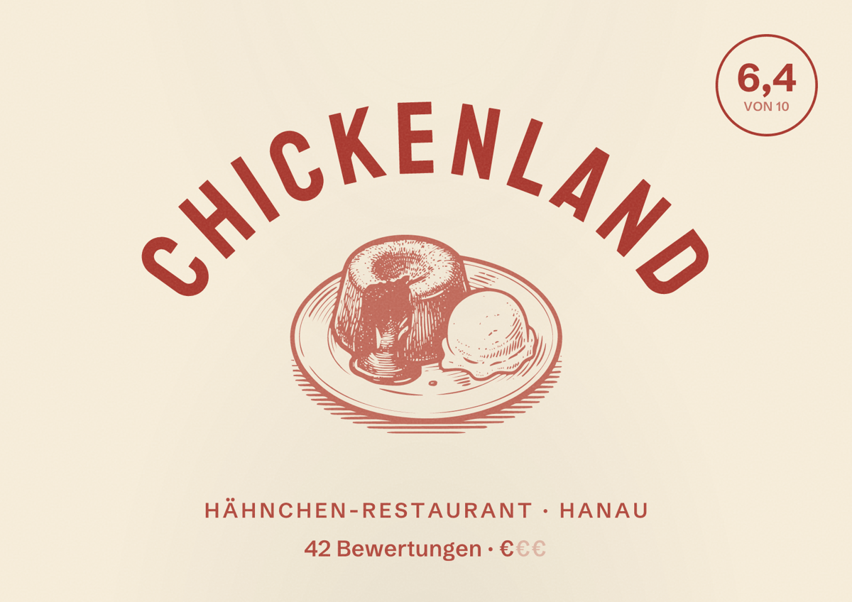 Illustriertes Poster von Chickenland, Hähnchen-Restaurant in Hanau: Bewertung 6,4 von 10 aus 42 Bewertungen, Preisniveau €