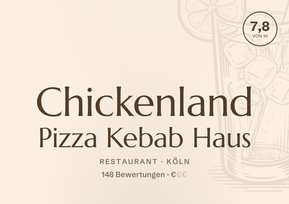 Illustriertes Poster von Chickenland Pizza Kebab Haus, Restaurant in Köln: Bewertung 7,8 von 10 aus 148 Bewertungen, Preisniveau €